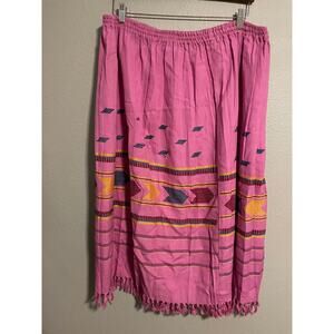 Vintage Womens Skirt Large Pink Aztec Embroidered Fringe Southwestern Boho 80s